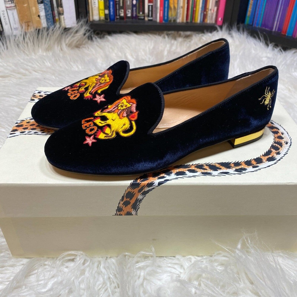 Charlotte Olympia Leo Nocturnal Velvet Flats Shoes Loafers EU 35 / 5 US